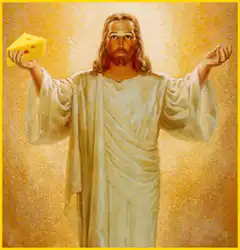 Jesus holding different types of cheese