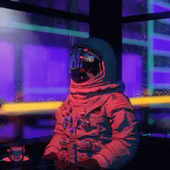 Astronaut sitting in a neon-lit room