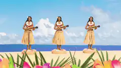 Three hula dancers playing ukuleles on a beach