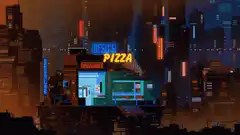 Pixel art pizza shop at night