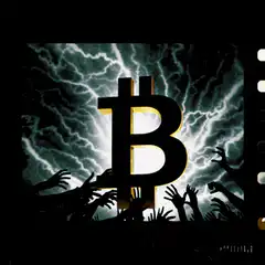 Bitcoin symbol rising from crowd with lightning