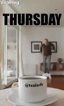 Man jumping over coffee cup on Thursday