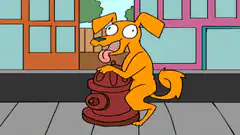 Dog riding objects through scenes