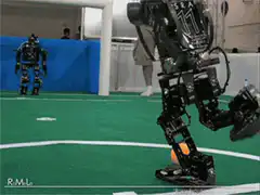 Robot falls over while kicking ball