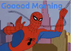 Spider-Man swinging with Gooood Morning text