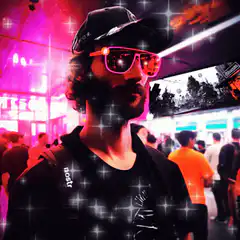 Man with glowing laser eyes