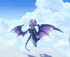 Character with purple dragon wings flying