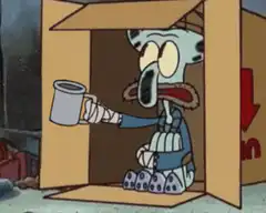 Squidward in a box with a mug