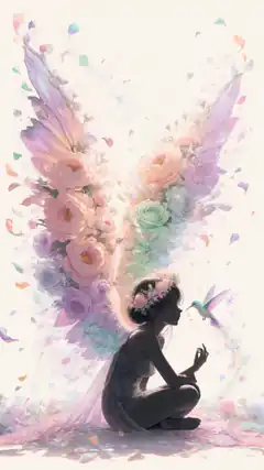 Silhouette woman with floral wings and hummingbird