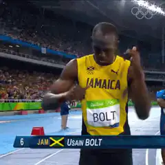 Usain Bolt doing his signature pre-race dance