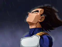 Vegeta powering up in the rain