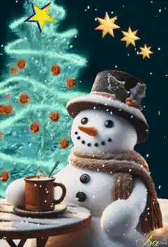 Snowman with hot cocoa and Christmas tree
