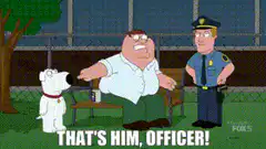 Peter Griffin points at Brian to the police officer