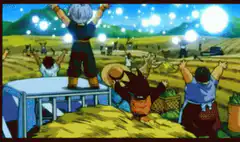 Goku celebrating with people in a field
