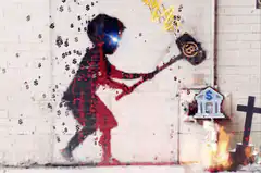 Banksy style girl smashing bitcoin with hammer