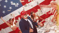 Donald Trump surrounded by money and pinup girls