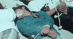 Tied up man with bird on chest