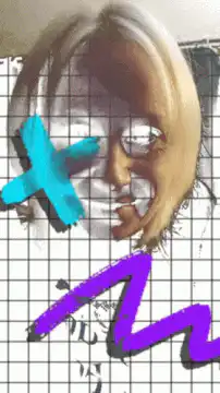 blonde woman face with blue cross and purple squiggle