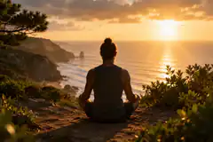 person meditating on cliff at sunset