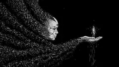 Woman made of particles holding a spark