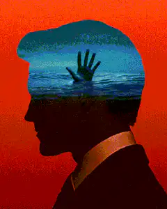 Man silhouette with drowning hand inside head
