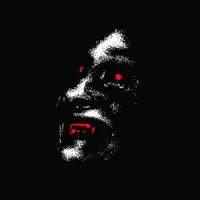High contrast face with glowing red eyes and teeth