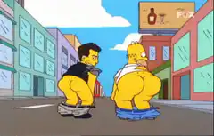 Homer and Ned squatting in underwear