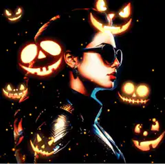 Woman in sunglasses with floating jack-o-lanterns