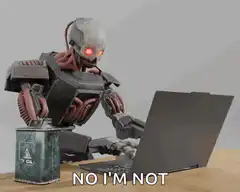 Robot typing on laptop with oil can