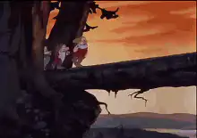 Seven Dwarfs walking on a log