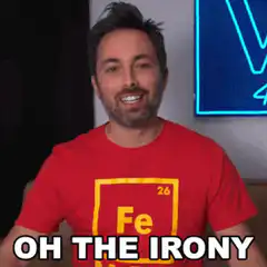 Man in Iron T-shirt says Oh The Irony