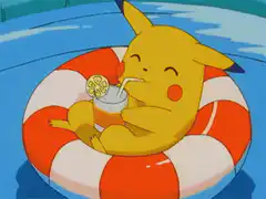 Pikachu relaxing in pool with drink