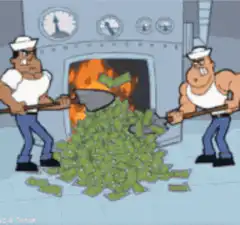 Two sailors shoveling money into a furnace