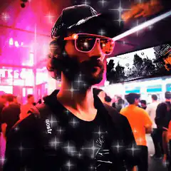 Man with glowing sunglasses in neon lights
