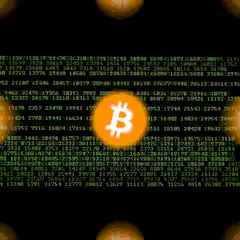 Bitcoin logo over green code