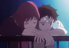 Asuka and Shinji leaning on a railing