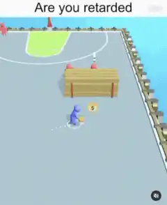Blue character dribbles past obstacles on basketball court
