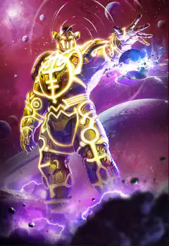 Golden armored figure in space