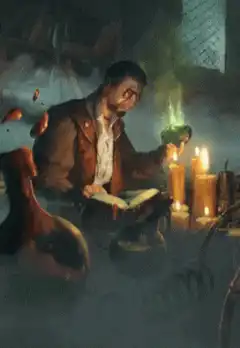 Wizard reading spellbook with green potion