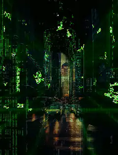 Matrix-style digital rain over city street