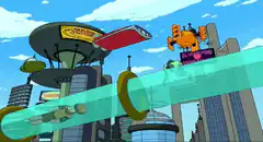 Futurama characters slide through a tube