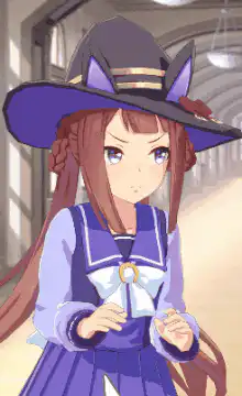 Anime girl in witch hat looking annoyed