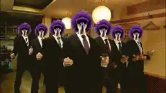 Men in suits with purple wigs dancing