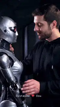 Man kisses silver robot