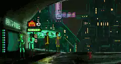 Pixel art cyberpunk street scene with flying cars