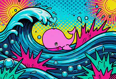 Pink whale surfing a wave