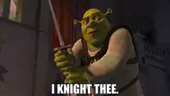Shrek knights someone with a sword