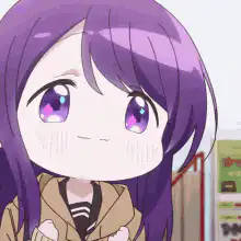Chibi anime girl with purple hair smiling