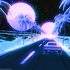 Synthwave car driving into sunset