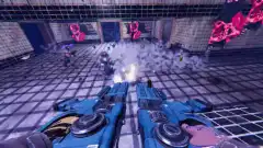 First-person shooter with dual blue guns and neon enemies